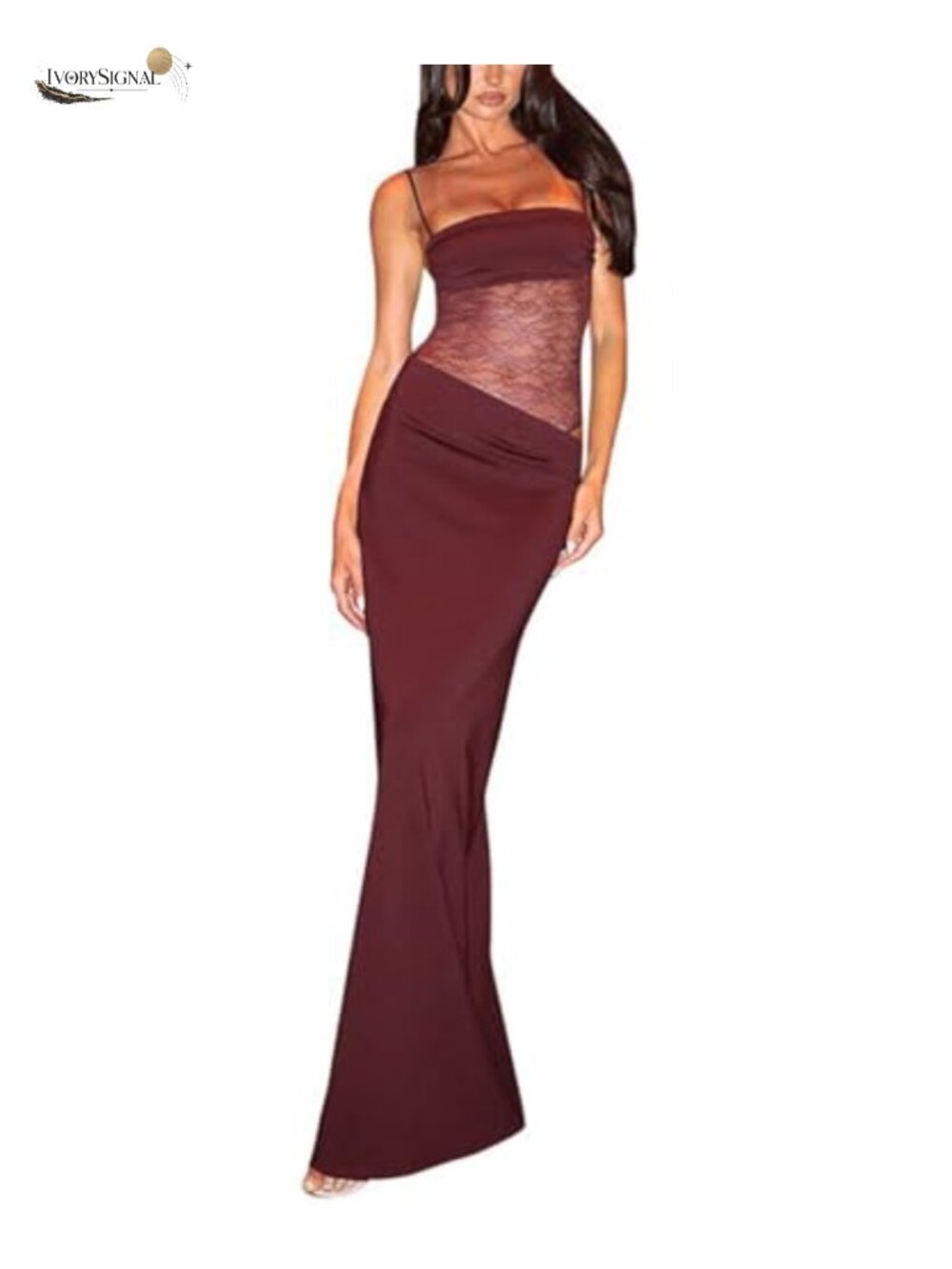 Lace Patchwork Sheer Maxi Dress Spaghetti Strap Bodycon Club Cocktail